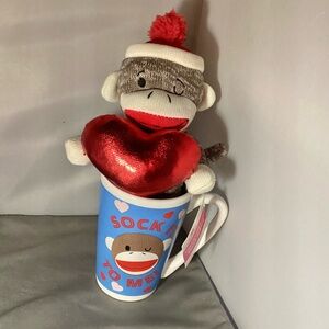 Plush&Mug Sock It To Me Mug With Knitted Monkey holding heart Stuffed Animal New